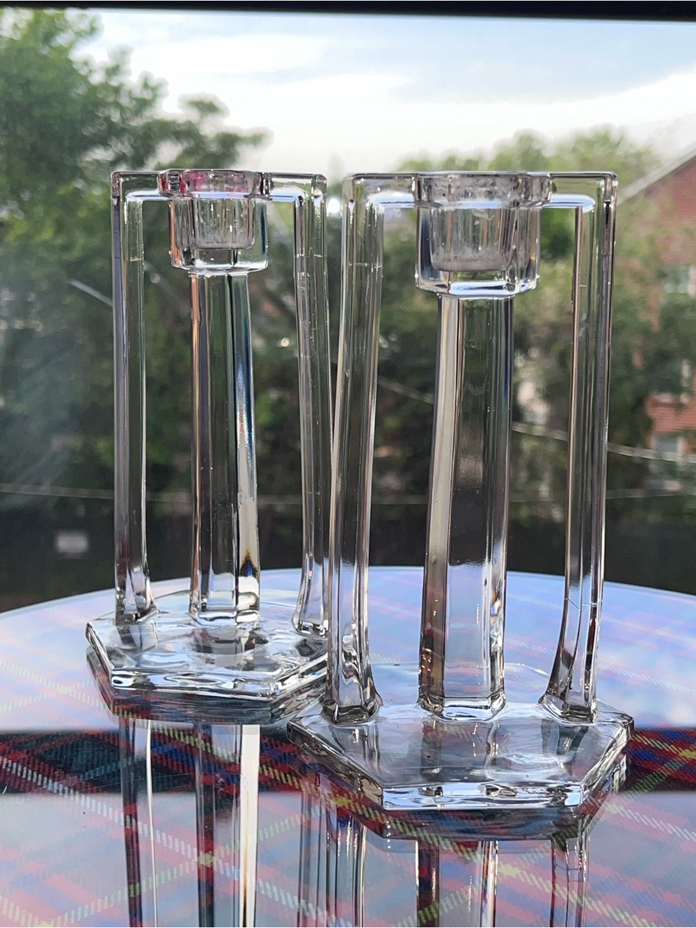 Vintage 1920’s Westmoreland Pair of Crystal Candlesticks Mission Pattern Glow
